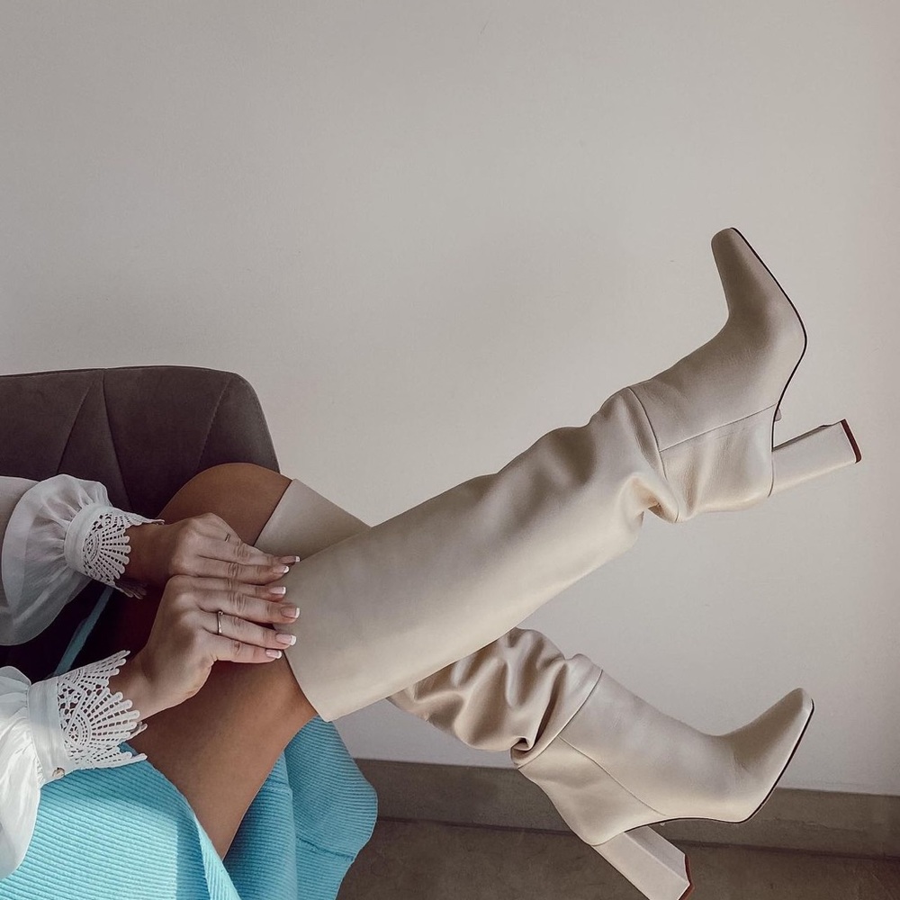 Zara Off White Heeled Knee High Boots
